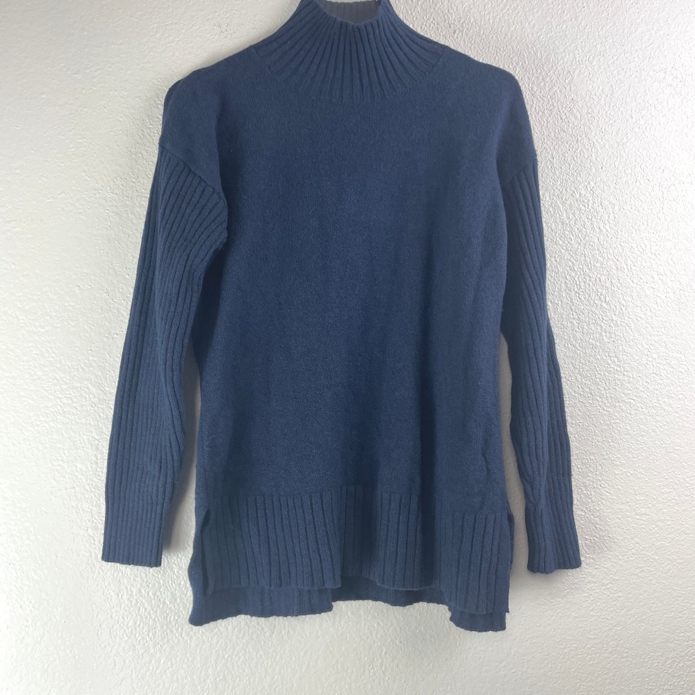 LL Bean Women Navy Blue Cotton Wool Blend Mock Neck Sweater Size M Petite 521027